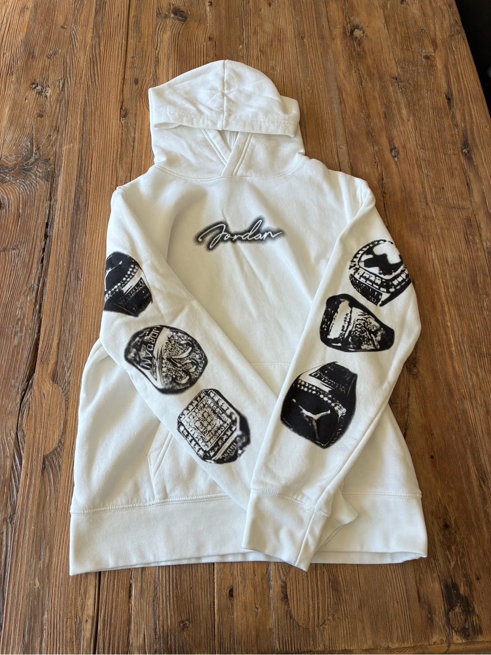 Jordan White Hoodie with Black Sleeve Ring Graphics